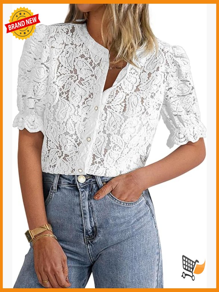 Women's Lace Blouse Short Puff Sleeve Casual Dressy Button Down Shirt